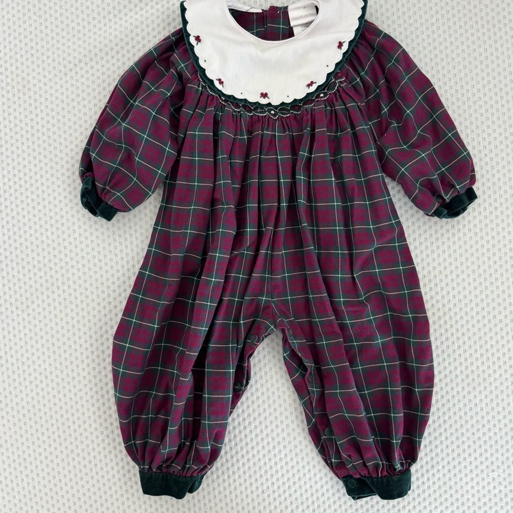 Vintage Carter’s Baby Long Sleeve Plaid Romper with White Floral Collar Size 12m - Picture 2 of 8